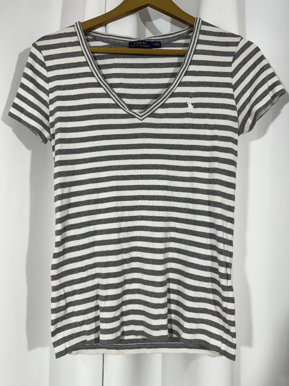 Polo Ralph Lauren Size M Gray White Striped V-Neck Tee Shirt